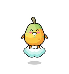 cute papaya illustration riding a floating cloud