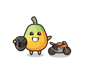 cute papaya cartoon as a motorcycle racer