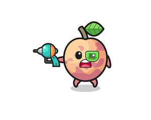 cute pluot fruit holding a future gun
