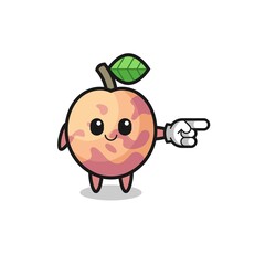 pluot fruit mascot with pointing right gesture