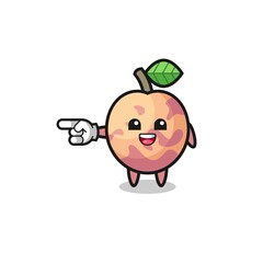 pluot fruit cartoon with pointing left gesture