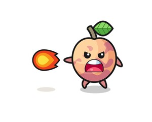 cute pluot fruit mascot is shooting fire power