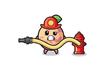 Fototapeta na wymiar pluot fruit cartoon as firefighter mascot with water hose
