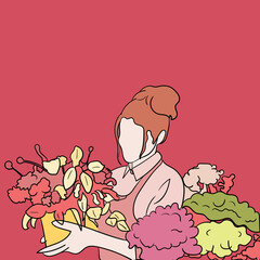 Girl holding flowers, with red background .valentine greeting card template. Vector illustration in flat style
