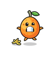 kumquat cartoon is slip on a banana peel