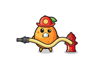 kumquat cartoon as firefighter mascot with water hose