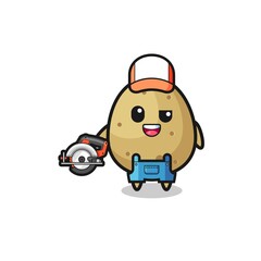 the woodworker potato mascot holding a circular saw