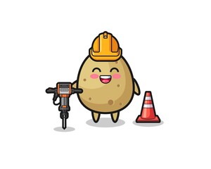 road worker mascot of potato holding drill machine