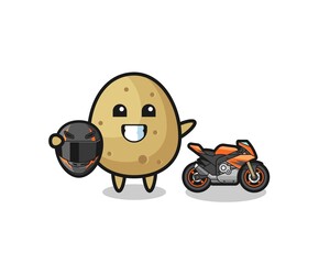 cute potato cartoon as a motorcycle racer