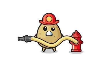 potato cartoon as firefighter mascot with water hose