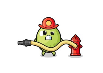 olive cartoon as firefighter mascot with water hose