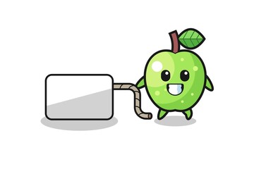 green apple cartoon is pulling a banner