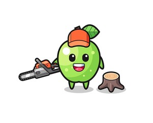 green apple lumberjack character holding a chainsaw