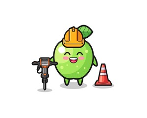 road worker mascot of green apple holding drill machine