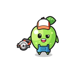 the woodworker green apple mascot holding a circular saw