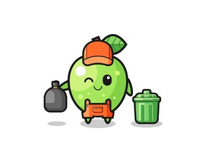 the mascot of cute green apple as garbage collector