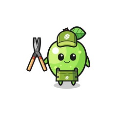 cute green apple as gardener mascot