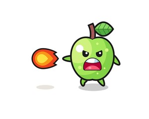 cute green apple mascot is shooting fire power