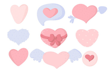 cute Hearts Set. Doodle Style. Collection of Design elements for postcards, stories, Wedding and Valentine day invitation and greeting cards design