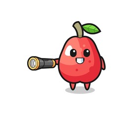 water apple mascot holding flashlight