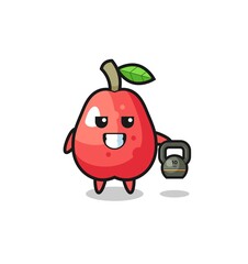 water apple mascot lifting kettlebell in the gym