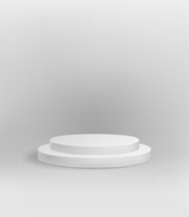 Mockup of white two-stage round podium. Vector illustration of pedestal isolated on white background. Empty base for product presentation, present, award ceremony, first place trophy