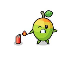 mango mascot illustration playing firecracker