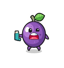 passion fruit mascot having asthma while holding the inhaler