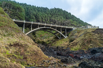 The arch bridge on Highway 101 over Cooks Chasm in Cape Perpetua State Park, Oregon, USA