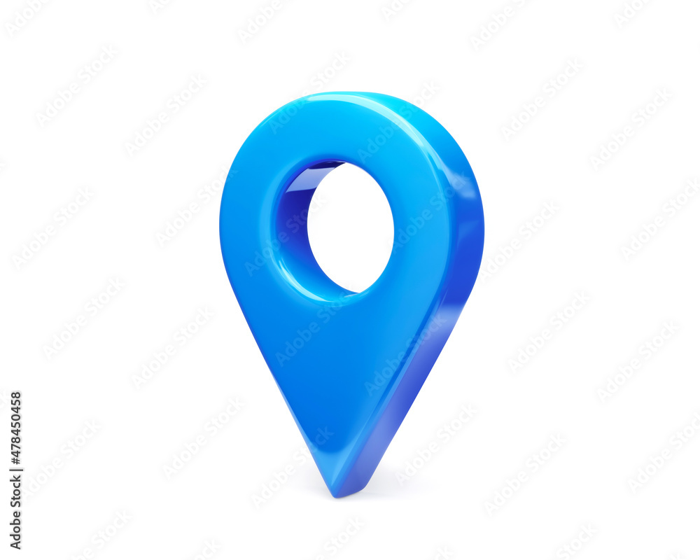 Fototapete Blue location 3d icon of gps pointer graphic element or navigation marker point pin sign and global position system symbol isolated on white background with searching map direction navigator address.