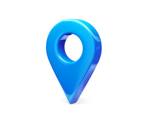 Blue location 3d icon of gps pointer graphic element or navigation marker point pin sign and global position system symbol isolated on white background with searching map direction navigator address.
