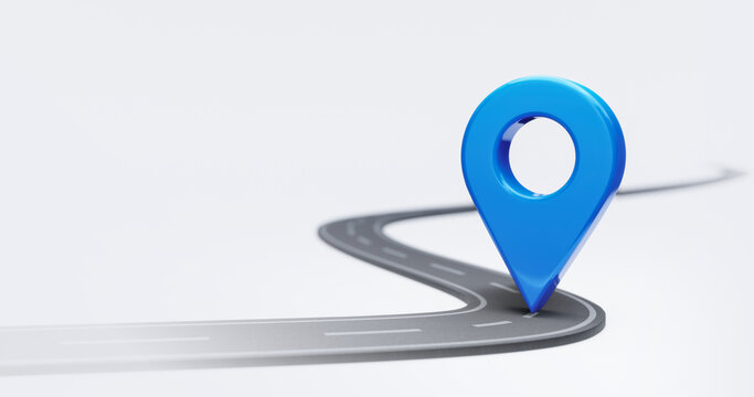 Blue location 3d icon of traffic street route map symbol or navigation gps pin point marker and global position system destination address sign isolated on white background with asphalt road pointer.