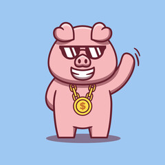 Pig with waving hand cartoon illustration. Flat cartoon style. Vector animal concept isolated on a blue background.
