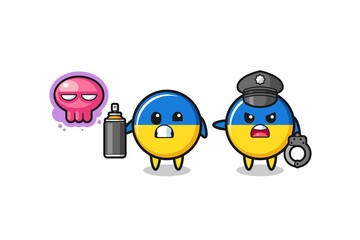 ukraine flag cartoon doing vandalism and caught by the police