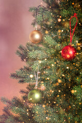 Close-up of Christmas tree. Christmas tree decorated with Christmas ornaments and Christmas lights