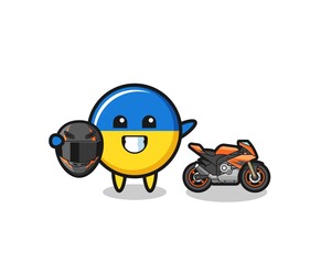 cute ukraine flag cartoon as a motorcycle racer