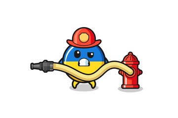 ukraine flag cartoon as firefighter mascot with water hose