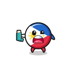 philippines flag mascot having asthma while holding the inhaler