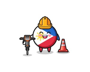 road worker mascot of philippines flag holding drill machine