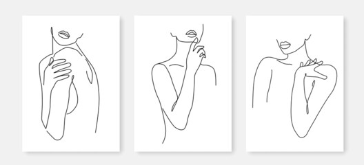 Continuous Line Drawing of Woman Body Set of 3. Abstract Female Figure Line Art Creative Concept Black Sketch Isolated on White Background. Female Minimalistic Illustration. Vector EPS 10