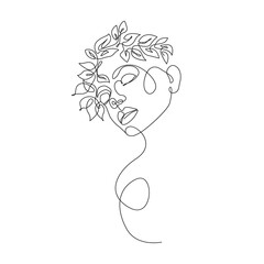 Female Face with Flowers Line Art Drawing. Woman Head with Flowers One Line Minimalist Illustration. Woman Minimal Sketch Drawing. Abstract Single Line Vector Art.
