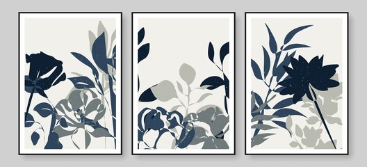 Tropical Leaves Poster Set with Blue and Gray Leaf, Flower. Luxury Botanical Design for Floral Wedding Card,  Invitation, Menu Template, Poster, Print. Vector EPS 10