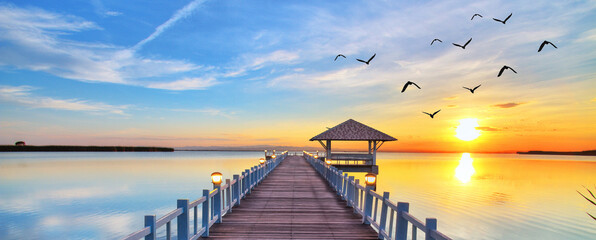 3d illustration of nature painting sunset scene with bridge, flock of birds,...