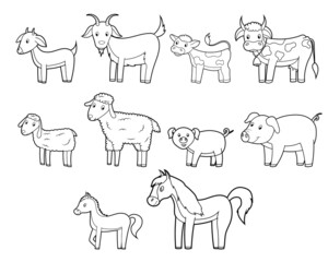 Coloring book for children, a set of farm animals. Vector isolated on a white background.