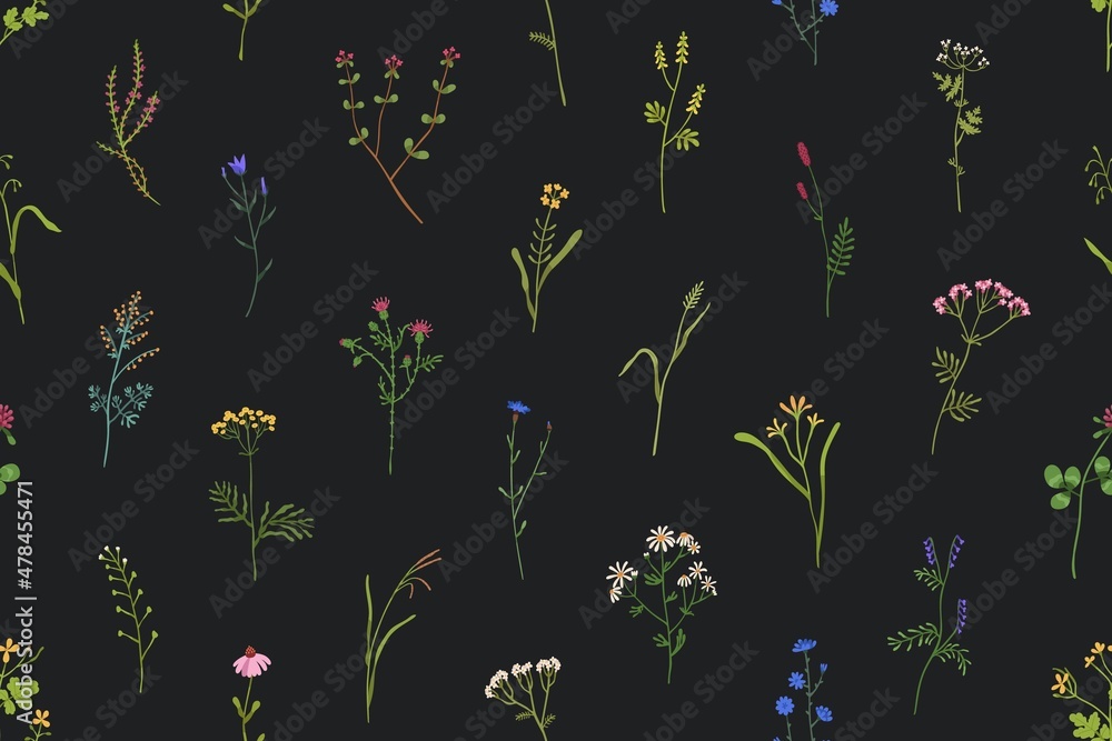 Poster flowers pattern. seamless floral background with wildflowers print. repeating botanical design for f