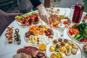 Buffet with appetizer. Corporate party, catering. Cheese plate, Snacks, vegetables. Preparations for the holiday.