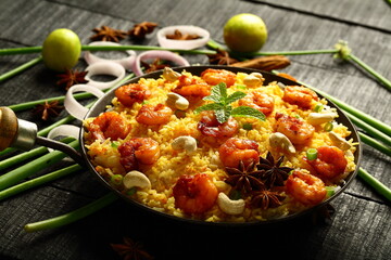 Asian recipes background- Homemade seafood fried rice- shrimp pilaf, biryani.