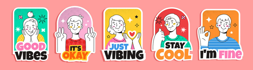 Hand drawn flat design trendy cartoon badges and labels with funny people.