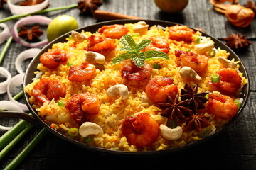 Asian recipes background- Homemade seafood fried rice- shrimp pilaf, biryani.