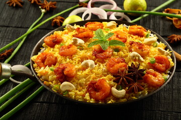 Asian recipes background- Homemade seafood fried rice- shrimp pilaf, biryani.